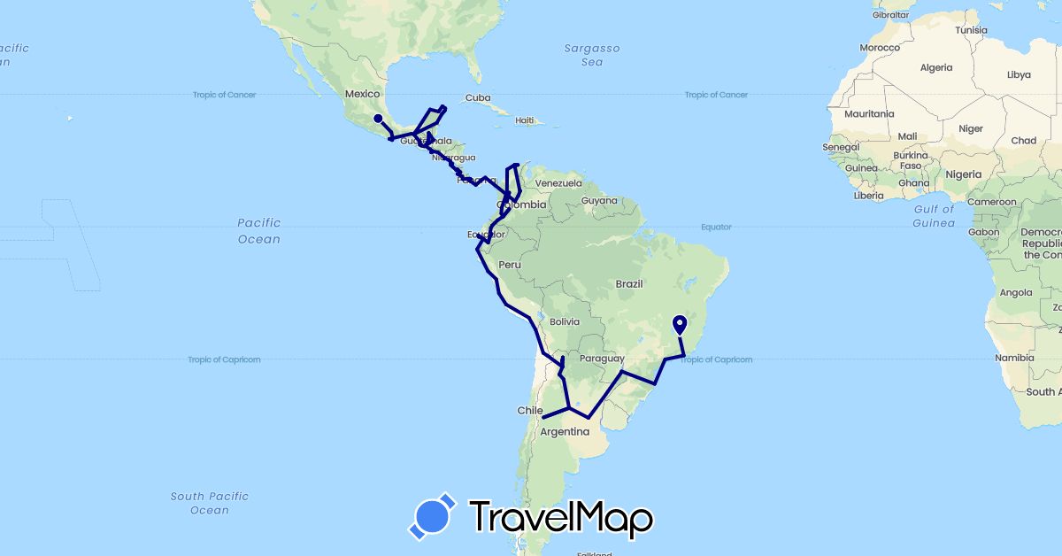 TravelMap itinerary: driving in Argentina, Brazil, Chile, Colombia, Costa Rica, Ecuador, Guatemala, Mexico, Nicaragua, Panama, Peru, Paraguay, El Salvador (North America, South America)